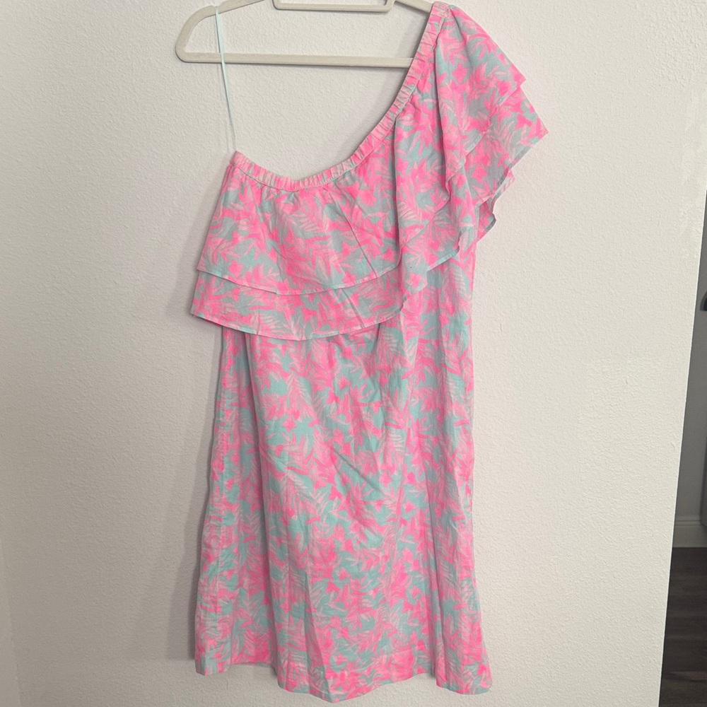Vineyard Vines Pink and Blue Leaf Print One-shoulder Dress - Picture 3 of 4